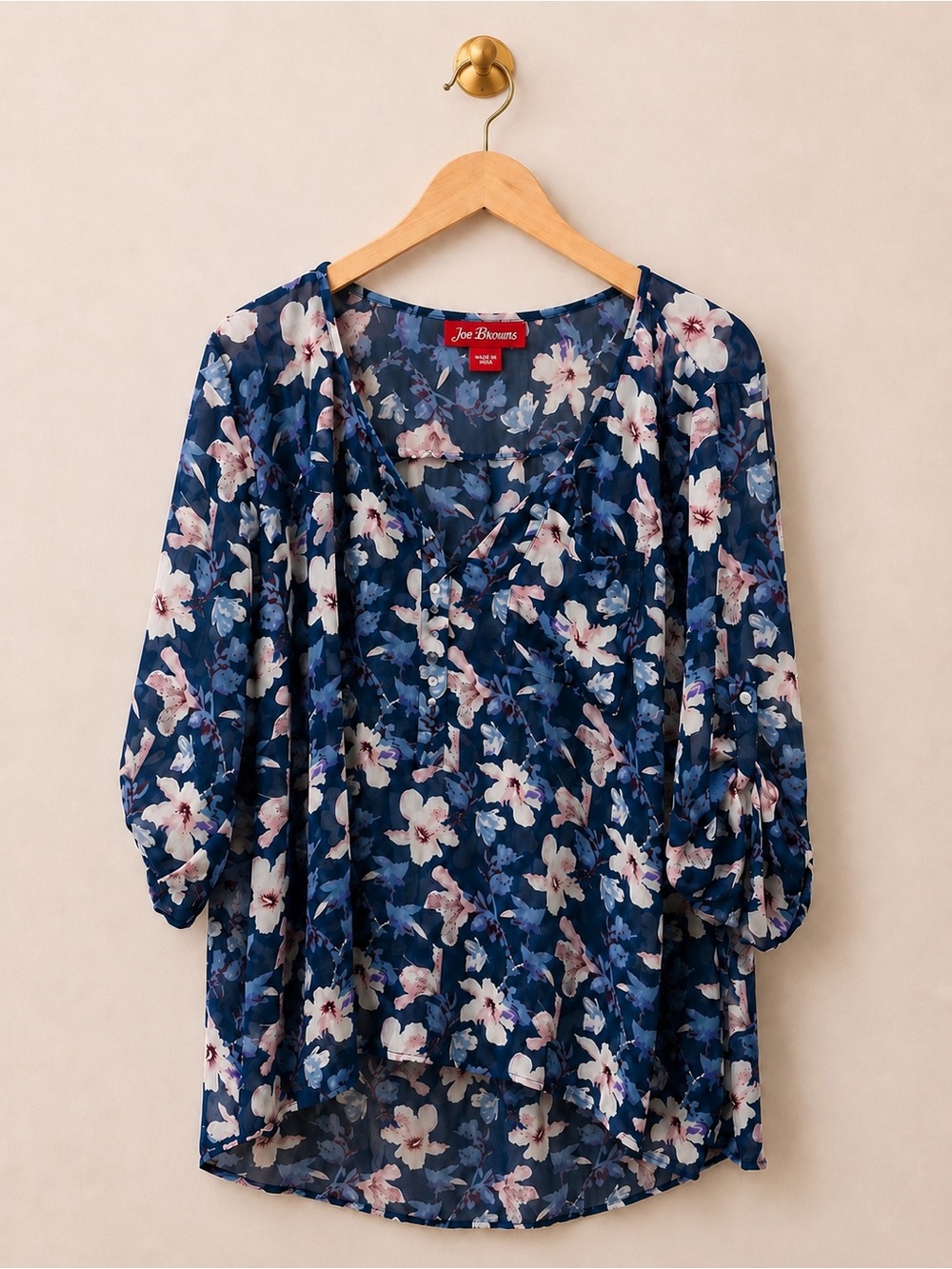 Joe Browns Floral Chiffon Blouse US 22 Navy Blue Boho Plus Size